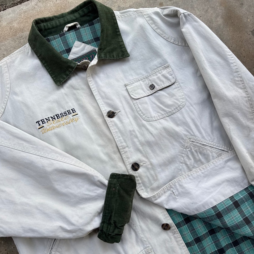 Vintage 90s MV Sport TSU Chore Coat Workwear Flannel Lined Green Cream L (b5)